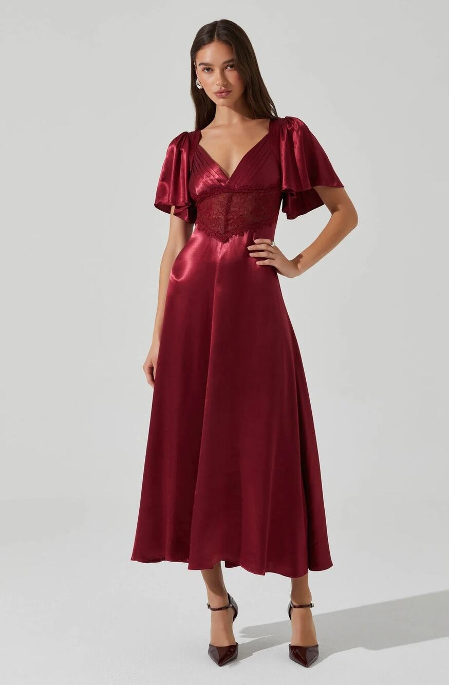 ASTR The Label Aurelia Satin Regal Whimsical Wine Red V-Neck Midi Dress NWT S